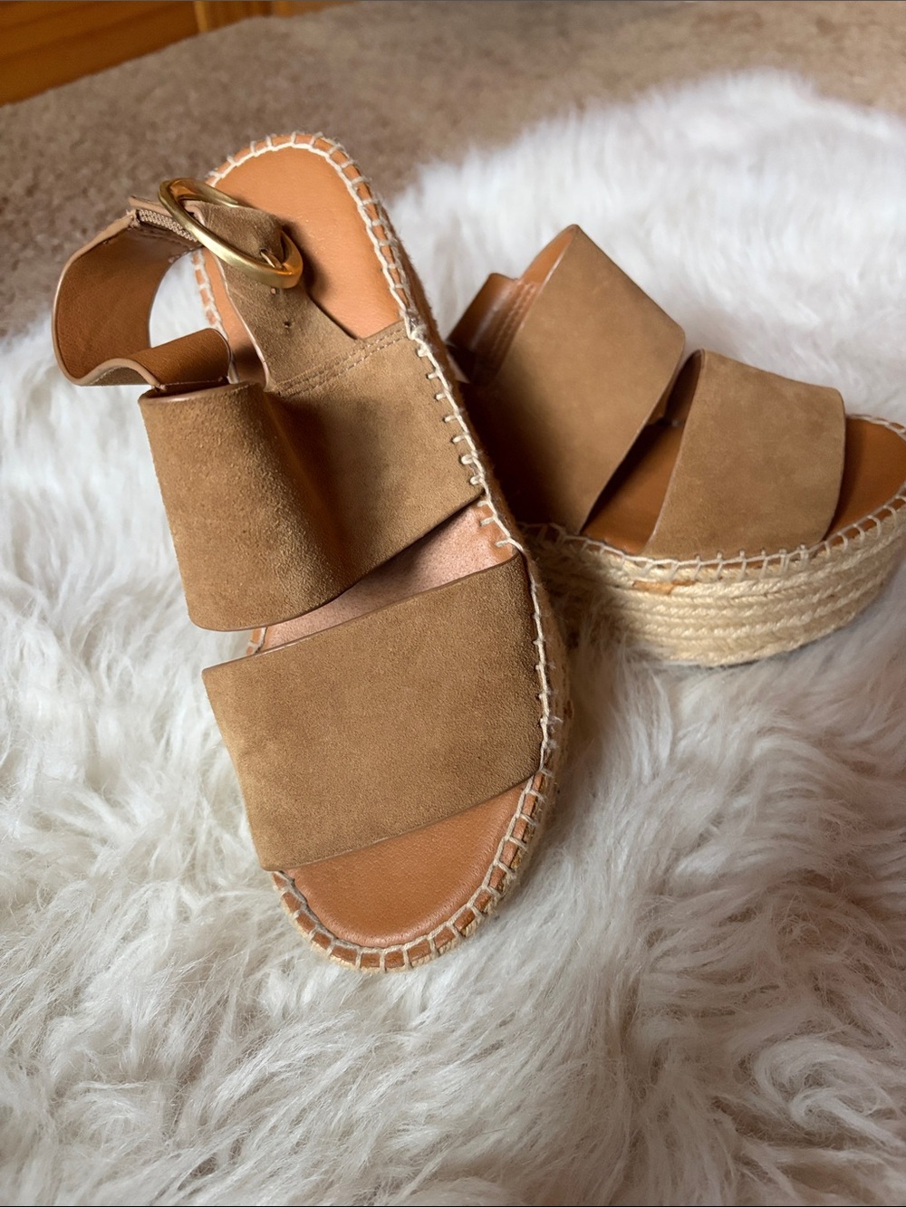 SARTO By Franco Sarto Tan Suede Espadrille Platform Sandals with Gold Buckle